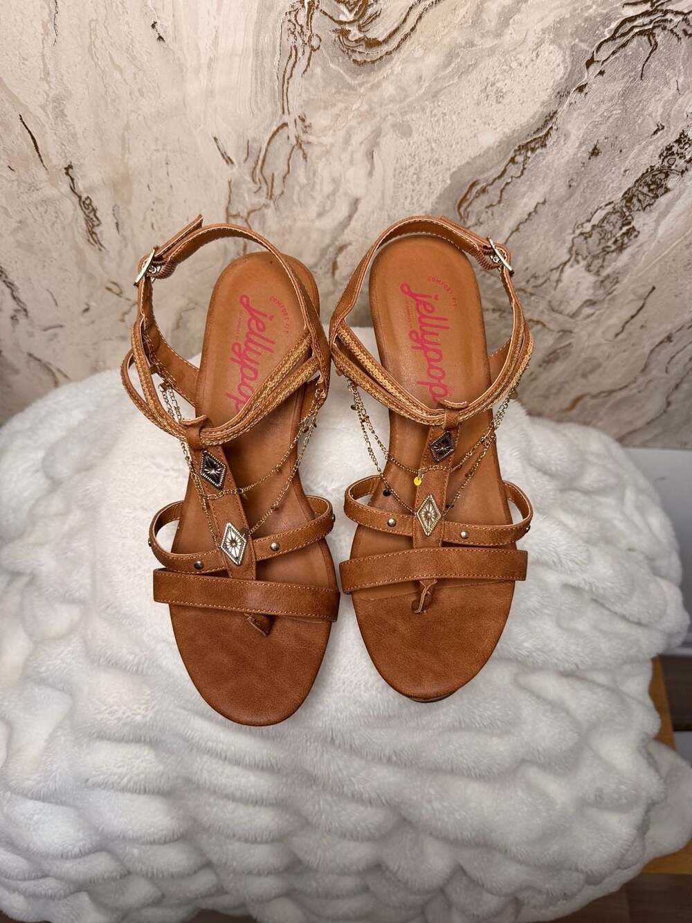Jellypop Women's Hettie Wedge Sandals with Decorative Chains and Gems